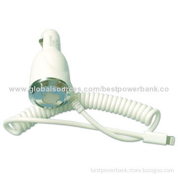 Single USB Port/2-in-1 Car Charger with Cable for iPhone 5, Spring Cable, 1,000mA